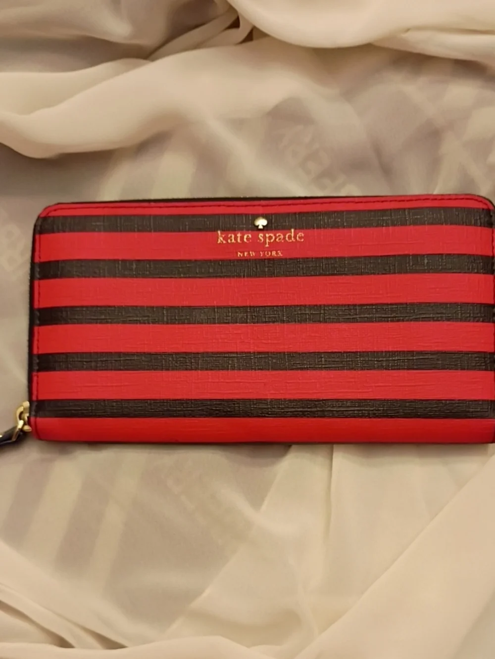 kate spade Red and Black Striped Zip Wallet with Gold Logo